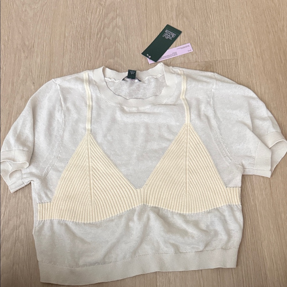 Anthropologie Cream Layered Ribbed Bralette Knit Top